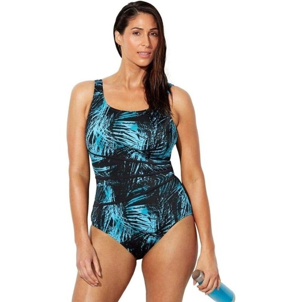 NWT Swimsuits For All 18 Aquabelle Splice Black Blue Leaf Tank Swimsuit 130781